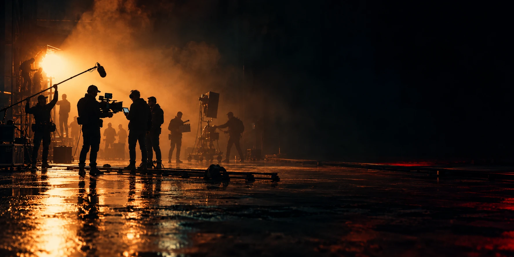 A film crew in silhouette at work on a hazy soundstage, lit by a single warm lamp